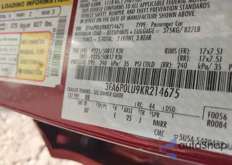 2019 Ford Fusion Hybrid Se из США, поврежденный, VIN 3FA6P0LU9KR214675